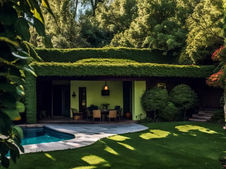 house, a cozy courtyard-style sci-fi house with a veranda and a table covered with a tablecloth, a green lawn overgrown with bright flowers, green mountains on the background, a bright sunny day, <lora:epicDetailedBuildingsAnd_v10:0.8> <lora:lowra_v10:0.3>