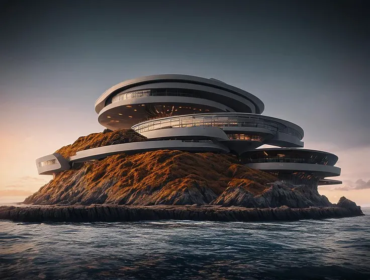 <lora:detailia_yiu_v20:0.3>, nature, epic futuristic base in the center, dark, fade, warm, glow at night, raw, hdr, (sea:1.3), cinematic, slate grey, dramatic light, architecture