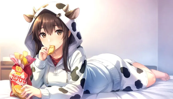 (masterpiece), (best quality), (ultra-detailed), photorealistic, (best illustration), (an extremely delicate and beautiful), 1girl, (solo), akagi from kantai collection, brown hair, brown eyes, long hair, cowboy shot, simple background, gradient background, on bed, lying, on stomach, hoodie, long sweatpants <lyco:CowGirl:1>
BREAK cow print, animal print, animal ears, horns, cow ears, hood up
BREAK potato chip bag, chewing, ((cheek bulge)),