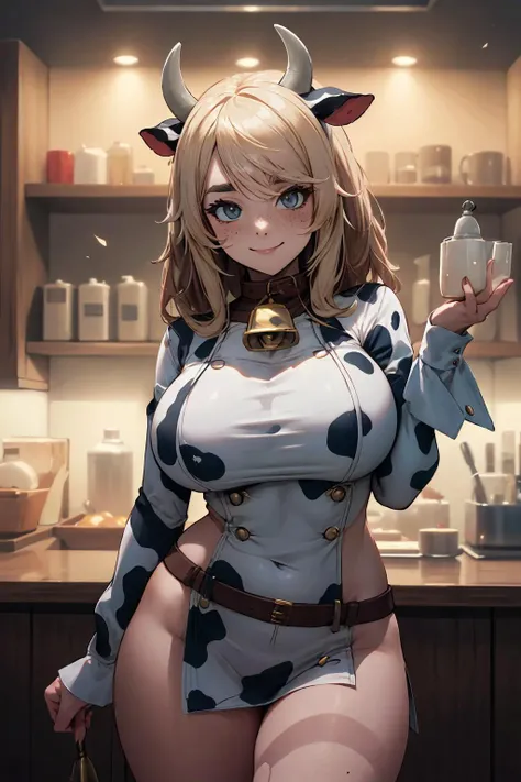 highres, masterpiece, perfect lighting, bloom, cinematic lighting, adult, perfect skin, female, looking at viewer, cowboy shot, (RSEEmma:1.5), CWT,<lora:RSERomantic_RSESofiko_RSEEmma-v1:0.3> bell, cow_ears, cow_horns, cowbell,<lora:breastinClass:0.2>,thick eyebrows, parted bangs, freckles, :), smile, <lyco:CowGirl:0.6>