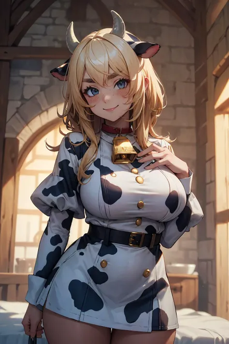 highres, masterpiece, perfect lighting, bloom, cinematic lighting, adult, perfect skin, female, looking at viewer, cowboy shot, (RSEEmma:1.5), CWT,<lora:RSERomantic_RSESofiko_RSEEmma-v1:0.3> bell, cow_ears, cow_horns, cowbell,<lora:breastinClass:0.2>,thick eyebrows, parted bangs, freckles, :), smile, <lyco:CowGirl:0.6>