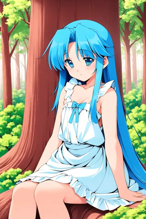 <lora:tomoki:1>, TomokiTomonori, 1girl, blue hair, long hair, blue eyes, white dress, forest, sitting