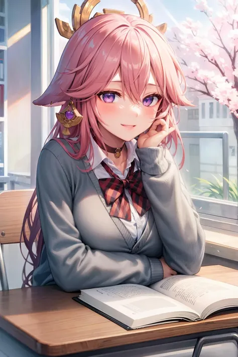masterpiece, best quality, <lora:yaemiko:1>yae miko, pink hair, purple eyes, hair ornament, looking at viewer, animal ears, desk, shirt, character doll, fox ears, bow, smile, long hair, school uniform, choker, blush, hairclip, 1girl, alternate costume, purple hair, school desk, sitting, collared shirt, long sleeves, white shirt, bowtie, cherry blossoms, bangs, breasts, ribbon, petals, large breasts, head rest, hand on own face, cardigan