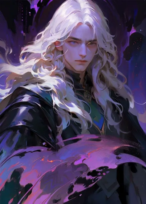 ((male)), male face, handsome face, detailed face, dark wizard, majestic, dark castle background, messy hair, curly hair, long white hair, floating, gothic, dark indigo, magic in hand, emerald nightglow, purple,
<lora:OilPaint:0.7>
<lora:CGhandsomeboy sw_20230612224948:0.2>