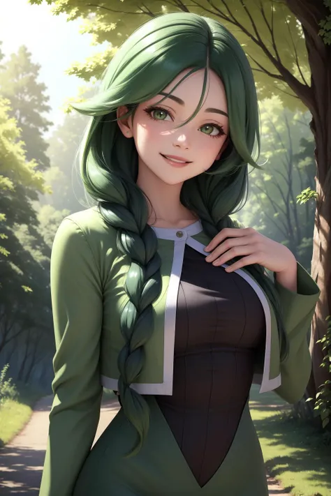 masterpiece, best quality, cheryl, hair over shoulder, single braid, green jacket, long dress, upper body, looking at viewer, smile, forest, trees, sky, sun <lora:cheryl-nvwls-v2-000012:0.9>