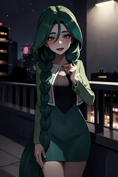 masterpiece, best quality, looking at viewer, facing viewer, nice hands, perfect hands, <lora:PokemonV2:1> <lora:GoodHands-vanilla:1>, generation 9, 1girl, solo, (night:1.3), low key, <lora:LowRA:0.7>, excited, blush, balcony, penthouse, wide windows, city, smile, happy, <lora:cheryl-nvwls-v2:0.7>, cheryl, hair over shoulder, single braid, green jacket, long dress