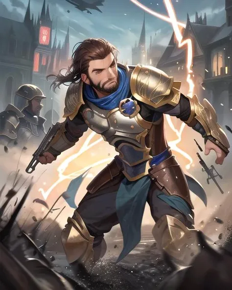 best quality, masterpiece, highres, detailed, perfect anatomy, <lora:Detail - add_detail:0.2>, GideonJ, <lora:GideonJ:0.8>, 1man, brown hair, brown eyes, armor, battlefield, magic, solemn, facial hair,