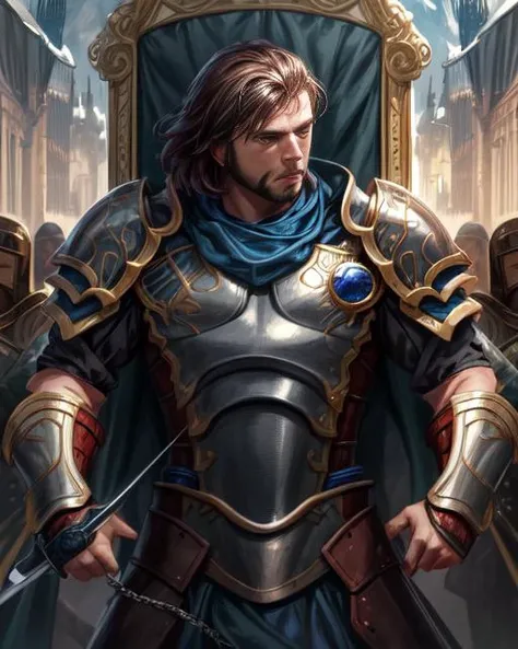 best quality, masterpiece, highres, detailed, perfect anatomy, <lora:Detail - add_detail:0.2>, GideonJ, <lora:GideonJ:0.9>, 1man, brown hair, short hair:3, brown eyes, armor, battlefield, magic, solemn, facial hair, holding whip, holding sword, throne