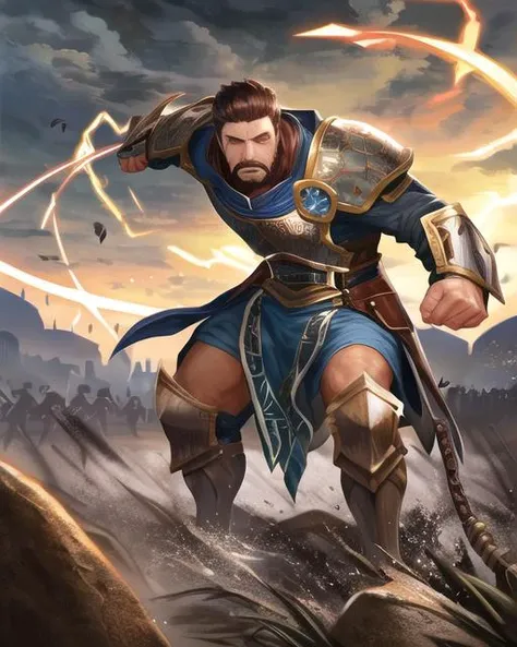 best quality, masterpiece, highres, detailed, perfect anatomy, <lora:Detail - add_detail:0.2>, GideonJ, <lora:GideonJ:0.8>, 1man, brown hair, brown eyes, armor, battlefield, magic, solemn, facial hair, holding whip, medieval, short hair,