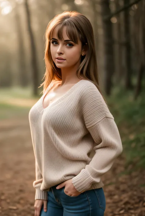 real life raw photo of a beautiful girl (kmcd0ugal:0.99), (portrait photoshoot:1.1),( brown sweater:1.1), forest setting, cinematic lightning, medium shot, mid - shot, highly detailed, trending on artstation, iso 2 0 0, f 1. 4, (8 0 mm:1.03), 8 5 mm, natural light, (morning haze:1.2), absurdres, incredibly_absurdres,