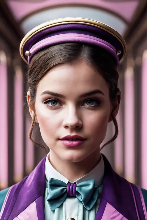 BarbaraP_SoloTI_v1,
(In a vintage, elegant bellhop uniform with impeccable detailing and a charming hat, exuding old-world charm and professionalism), (Amidst the whimsical halls and ornate rooms of the Grand Budapest Hotel, where eccentric guests and daring escapades create a symphony of comedy and mystery, a sense of wit and adventure fills the opulent air:1.3), (quirky:1.3), (pastel colors, symmetrical compositions, whimsical decor, comedic shot:1.3), PA7_Portrait-MCU,