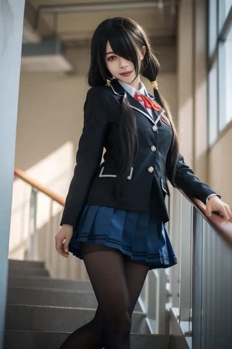 ultra-detailed,highly detailed,best quality,masterpiece,illustration,realistic, photo,photorealistic,
1girl, tokisaki kurumi,cosplay,hair over one eye, looking at viewer, happy girl,low twintails,
school uniform, blazer, collared shirt, neck ribbon, pleated skirt, pantyhose, hair rings, loafers,
indoors, walking, stairwell,
<lora:tokisaki kurumi_v2_03:0.7>