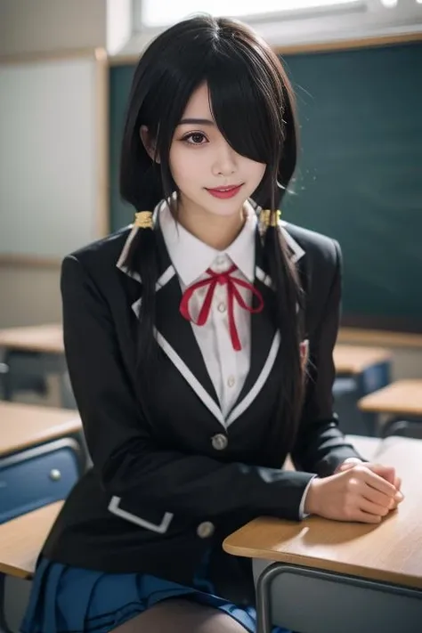 ultra-detailed,highly detailed,best quality,masterpiece,illustration,realistic, photo,photorealistic,
1girl, tokisaki kurumi,cosplay,hair over one eye, looking at viewer, happy girl,low twintails,
school uniform, blazer, collared shirt, neck ribbon, pleated skirt, pantyhose, hair rings, loafers,
indoors, sitting on table, classroom, 
<lora:tokisaki kurumi_v2_03:0.7>