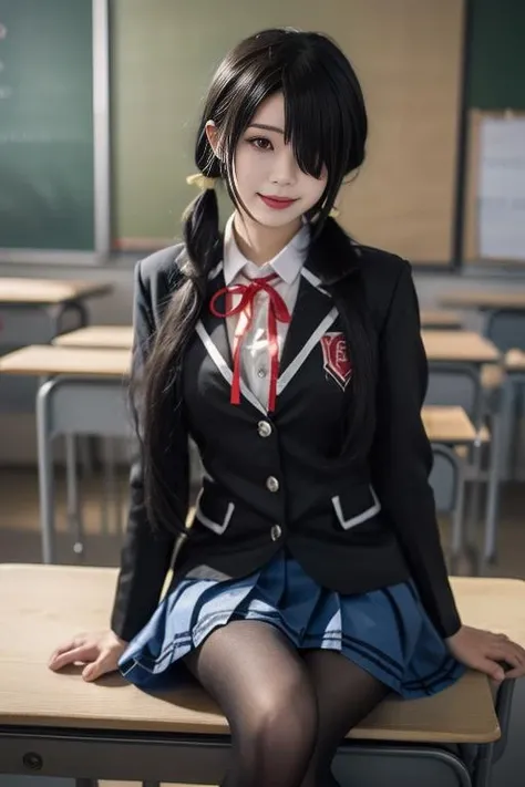 ultra-detailed,highly detailed,best quality,masterpiece,illustration,realistic, photo,photorealistic,
1girl, tokisaki kurumi,cosplay,hair over one eye, looking at viewer, happy girl,low twintails,
school uniform, blazer, collared shirt, neck ribbon, pleated skirt, pantyhose, hair rings, loafers,
kneeling, 
<lora:tokisaki kurumi_v2_03:0.7>
