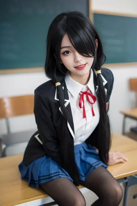 ultra-detailed,highly detailed,best quality,masterpiece,illustration,realistic, photo,photorealistic,
1girl, tokisaki kurumi,cosplay,hair over one eye, looking at viewer, happy girl,light smile, low twintails, 
school uniform, blazer, collared shirt, neck ribbon, pleated skirt, pantyhose, hair rings, loafers, 
dynamic pose,sitting, 
<lora:tokisaki kurumi_v2_03:0.7>