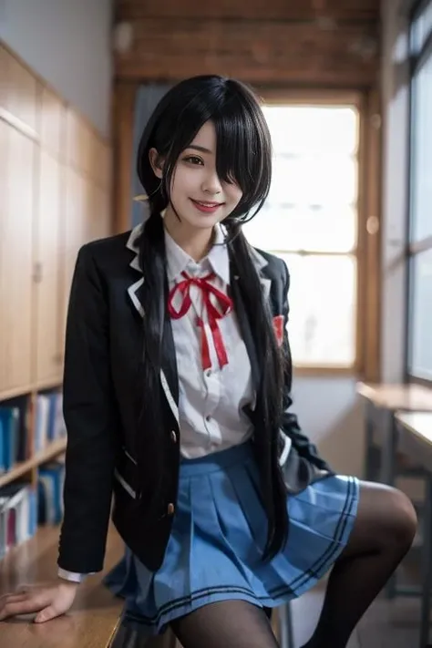 ultra-detailed,highly detailed,best quality,masterpiece,illustration,realistic, photo,photorealistic,
1girl, tokisaki kurumi,cosplay,hair over one eye, looking at viewer, happy girl,light smile, low twintails,
school uniform, blazer, collared shirt, neck ribbon, pleated skirt, pantyhose, hair rings, loafers,
dynamic pose,sitting,
<lora:tokisaki kurumi_v2_03:0.7>
