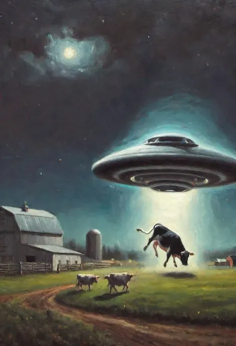 Oil painting of a UFO abducting a cow from a farm at night