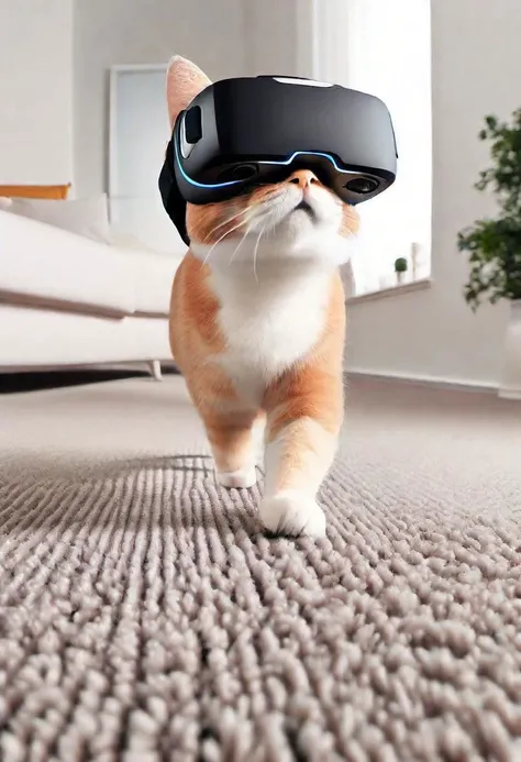 A cat walking on carpet wearing a VR Headset, looking up.