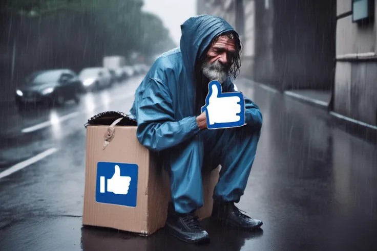 Profile of a homeless man, cardboard with blue and white Facebook "thumb up" sign.  He is sitting at a street corner in the rain. Wet pavement, dark mood