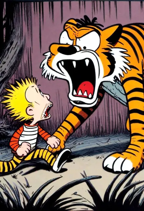 Painting of Calvin in fear, scared by an angry Ferocious Hobbes by Bill Watterson