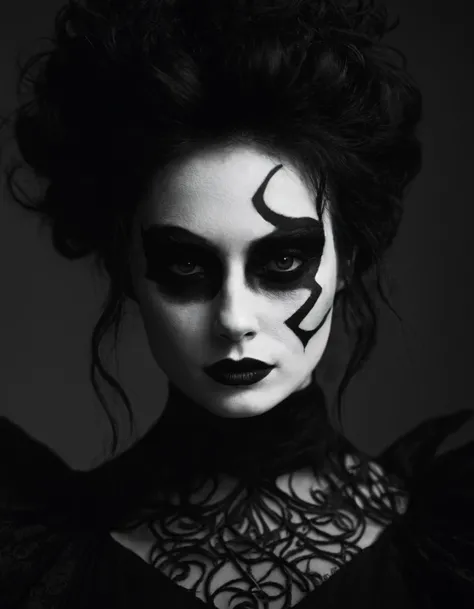 a black and white photo of a woman with makeup, inspired by Ren Bonian, tumblr, female revenant, furious dark haired women, white face paint, wispy darkness, swirly dark hair, grey contacts, a witch, dark runes, evanescence, dark eye make - up, scaring