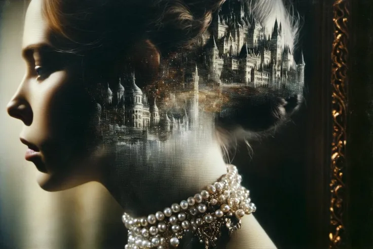 a 4D Double Exposure: portrait of a ((transparent woman with a double exposure castle city in her head)), in renaissance attire castle backdrop, oil painting, 3/4 profile view, ornate pearl necklaces, sumptuous fabrics, detailed embroidery, moody chiaroscuro lighting, high-resolution