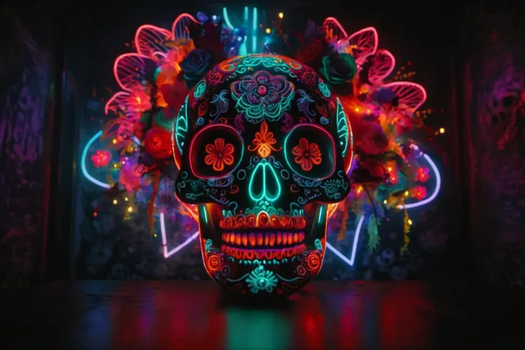 (best quality),(masterpiece),solo, looking at viewer, simple background, teeth, no humans, glowing, dark background, toxic, toxic flowers, death flower, sad colors, cold colors, on table, tablecloth, <lora:skulls00d-000012:1>skull