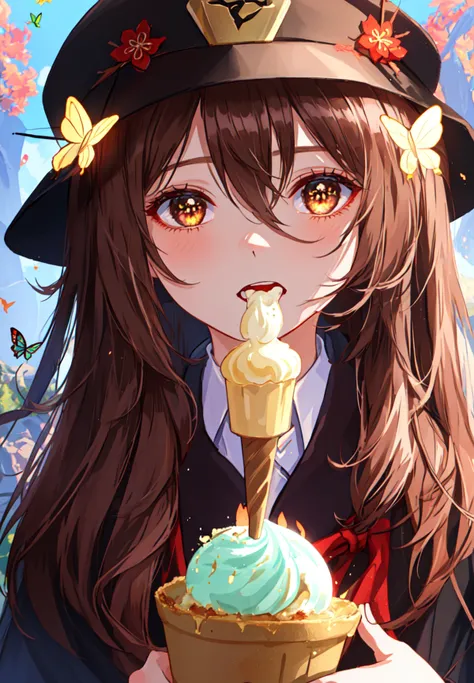 1girl, masterpiece, best quality, extremly detailed, Cinematic lighting, intricate detail, highres, official art, finely detailed beautiful face and eyes, high resolution illustration, 8k, dark intense shadows, overexposure, brown hair, hat, cowboy shot, looking at viewer, brown clothes, hu tao \(genshin impact\)
eating ice cream, eating,outdoors,
school uniform, 
(butterflies),
upperbody,