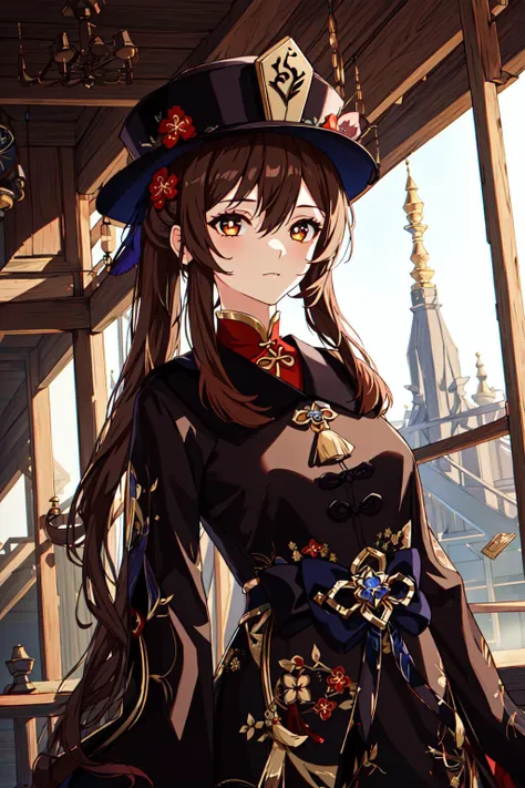 1girl, masterpiece, best quality, extremly detailed, Cinematic lighting, intricate detail, highres, official art, finely detailed beautiful face and eyes, high resolution illustration, 8k, dark intense shadows, overexposure, brown hair, hat, cowboy shot, looking at viewer, brown clothes <lora:hutao.v1:0.8>, hu tao \(genshin impact\)