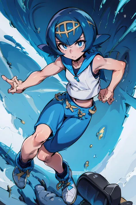 <lora:Lana_Pokemon:1> lana_pokemon, sailor collar, sleeveless shirt, blue pants, short hair, blue hair,