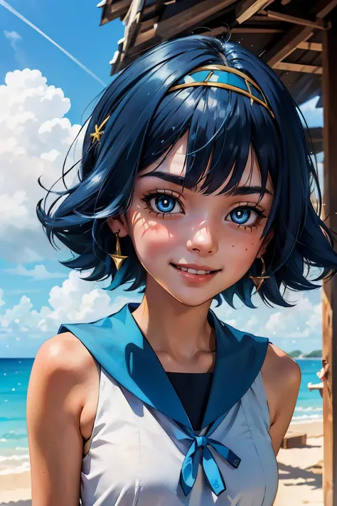 Lana_Pokemon, short blue hair, blue eyes, yellow hairband, white shirt, sleeveless, sailor collar,swimsuit under clothes, looking at viewer, smiling, portrait, outside, blue sky, extreme detail, masterpiece <lora:Lana_Pokemon_v2_Anime:.7>