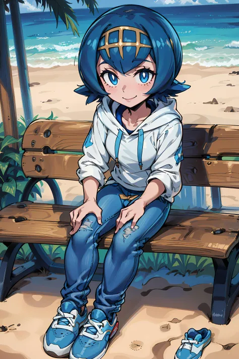 <lora:Lana_Pokemon:0.7> lana_pokemon, short hair, blue hair, 1girl, solo, ((white hoodie, blue jeans, skate shoes)), smile, sitting, park bench, beach, (((sfw)))