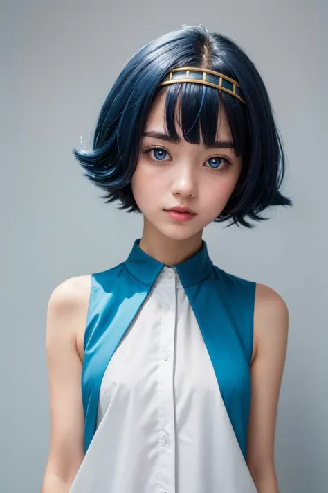 (masterpiece, best quality:1.2), solo, 
upper body, portrait, 
beautiful eyes, full lips, 
<lora:Lana_Pokemon_v2_Anime:0.7>, Lana_Pokemon, 1girl, solo, short blue hair, blue eyes, yellow hairband, white shirt, sleeveless, blue sailor collar, bright pupils,