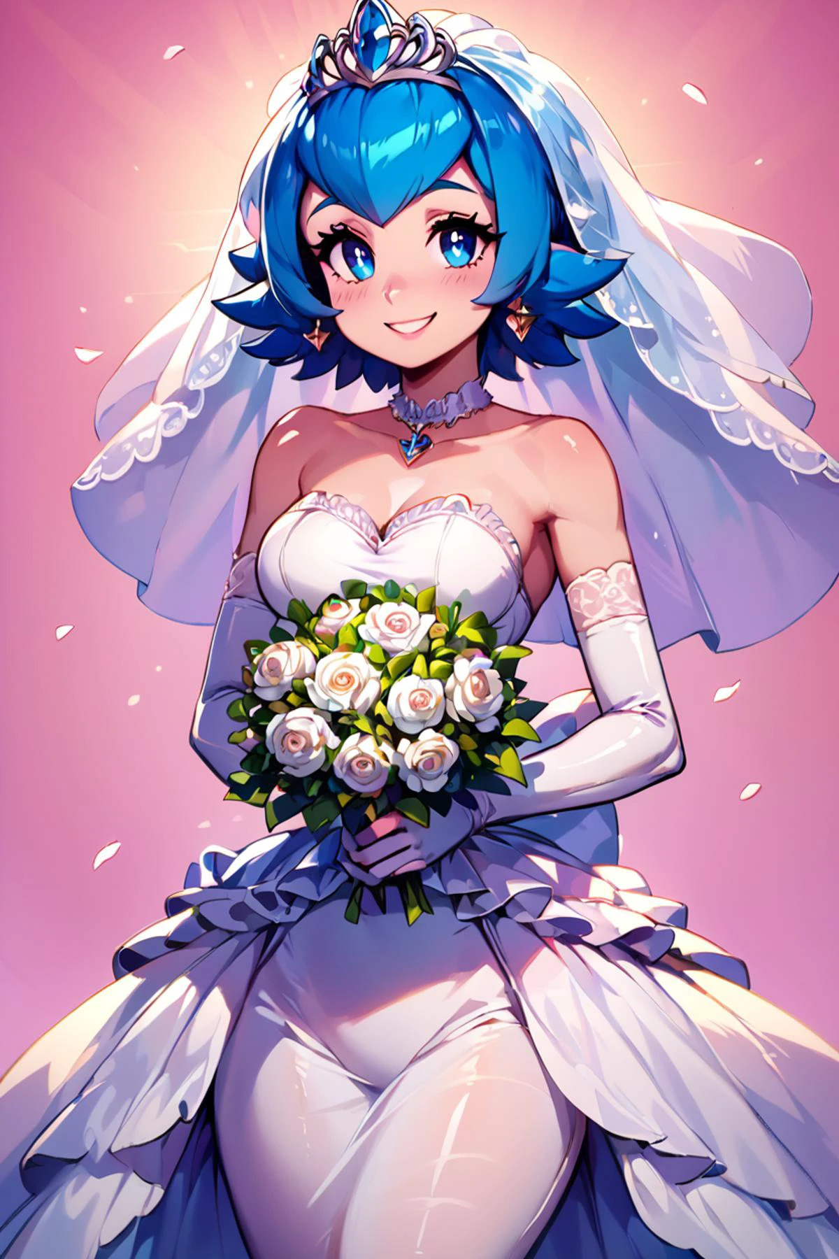 score_9, score_8_up, score_8, medium breasts, (curvy), cute, eyelashes, zzLana, bride, wedding dress, bridal veil, strapless dress, elbow gloves, holding bouquet, smile, cowboy shot, looking at viewer, <lora:LanaP3:0.8>, <lora:Vivid:0.8>, <lora:princess_xl_v2:0.8>, embedding:zPDXL,