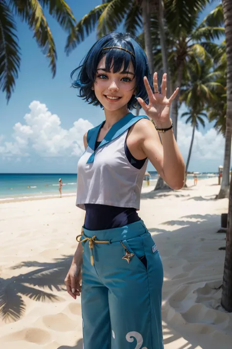 Lana_Pokemon, short blue hair, blue eyes, yellow hairband, white shirt, sleeveless, blue sailor collar, blue pants,swimsuit under clothes, looking at viewer, smiling, happy, medium shot, 
standing, hand, waving at viewer, outside, beach, sand, house, palm trees, blue sky, extreme detail, masterpiece <lora:Lana_Pokemon_v2_Anime:.8>