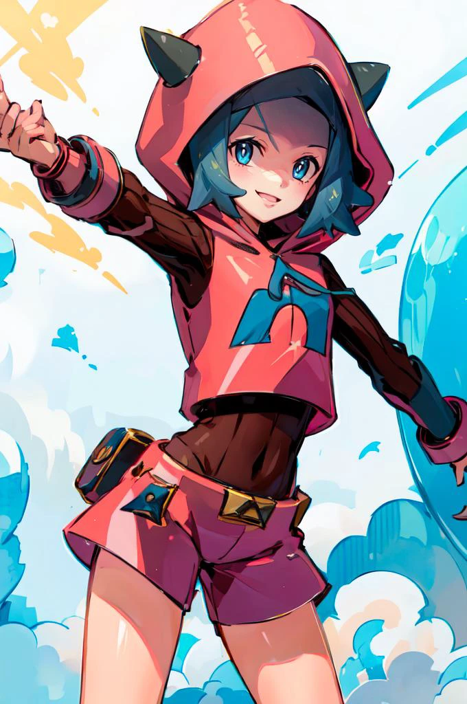 ultra detailed, masterpiece, best quality, solo, smile, <lora:Lana_Pokemon_v2_Anime:0.85> Lana_Pokemon, 1girl, solo, short blue hair, blue eyes, yellow hairband, <lora:tmgoutfit-nvwls-v1:0.9> tmgoutfit, hood, fake horns,