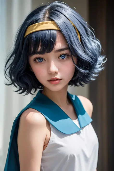 (masterpiece, best quality:1.2), solo, 
upper body, portrait, 
beautiful eyes, full lips, 
<lora:Lana_Pokemon_v2_Anime:0.7>, Lana_Pokemon, 1girl, solo, short blue hair, blue eyes, yellow hairband, white shirt, sleeveless, blue sailor collar, bright pupils,