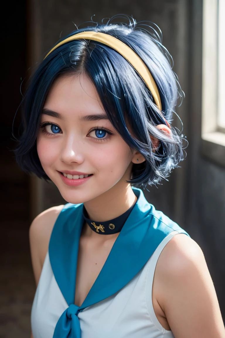(masterpiece, best quality:1.2), solo,
upper body, portrait,
beautiful eyes, full lips,
<lora:Lana_Pokemon_v2_Anime:0.7>, Lana_Pokemon, 1girl, solo, short blue hair, blue eyes, yellow hairband, white shirt, sleeveless, blue sailor collar, bright pupils,
smile, medium breasts,