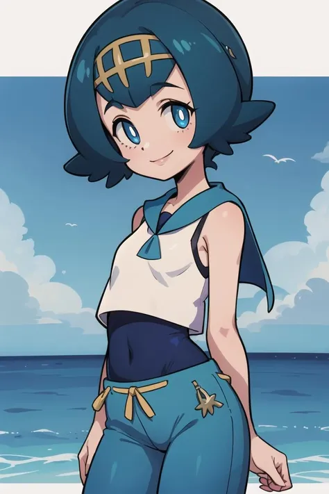 ((masterpiece,best quality)), absurdres,
<lora:Lana_Pokemon_v2_Anime:0.7>, Lana_Pokemon, 
1girl, solo, short blue hair, blue eyes, yellow hairband, white shirt, sleeveless, blue sailor collar, blue pants, bright pupils, swimsuit under clothes,
solo, smiling, looking at viewer, cowboy shot, side view, 
cinematic composition, contrapposto,