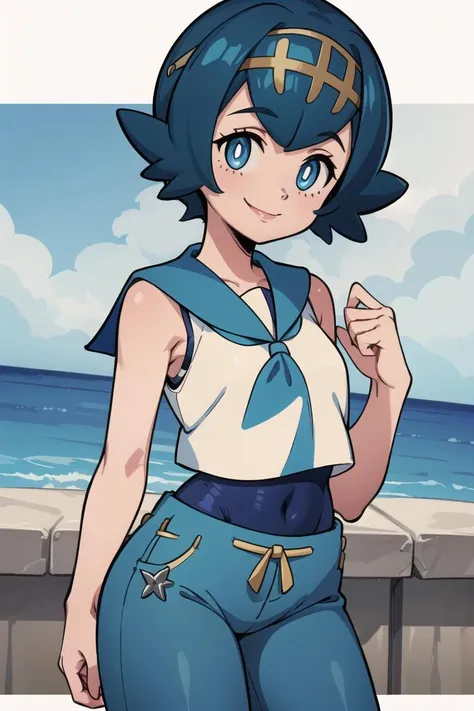 ((masterpiece,best quality)), absurdres,
<lora:Lana_Pokemon_v2_Anime:0.7>, Lana_Pokemon, 
1girl, solo, curvy, short blue hair, blue eyes, yellow hairband, white shirt, sleeveless, blue sailor collar, blue pants, bright pupils, swimsuit under clothes,
solo, smiling, looking at viewer, cowboy shot, side view, 
cinematic composition, contrapposto,