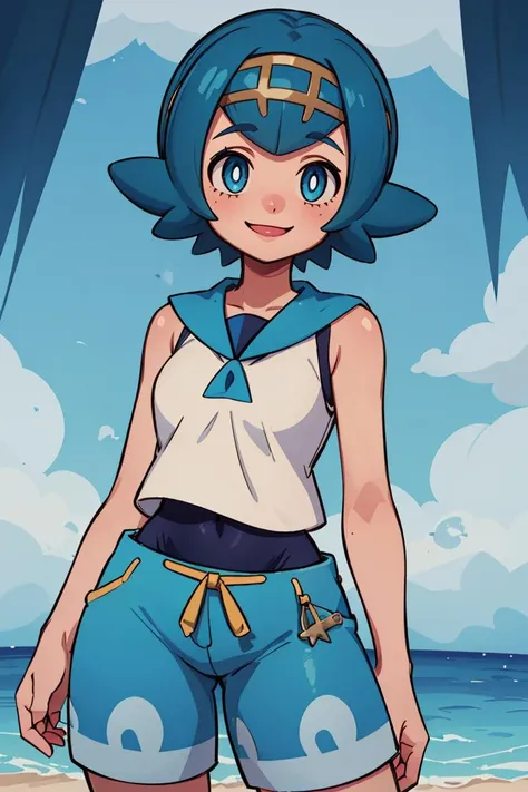 ((masterpiece,best quality)), absurdres,
<lora:Lana_Pokemon_v2_Anime:0.7>, Lana_Pokemon, 
1girl, solo, curvy, short blue hair, blue eyes, yellow hairband, white shirt, sleeveless, blue sailor collar, blue pants, bright pupils, swimsuit under clothes,
solo, smiling, looking at viewer, cowboy shot, , 
cinematic composition, contrapposto,