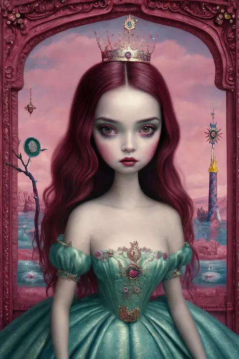 beauty woman, strange fantasy, surrealistic art, artwork, masterpiece, best quality, popsurrealism art, digital painting
<lora:Mark_Ryden_ArtStyle_640x960:0.9>