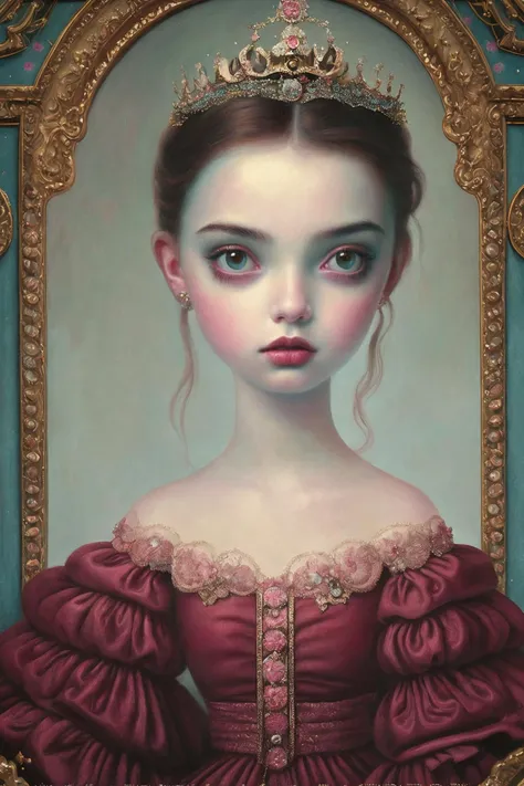 beauty young girl portrait, strange fantasy, surrealistic art, artwork, masterpiece, best quality, popsurrealism art, digital painting <lora:Mark_Ryden_ArtStyle_640x960:0.9>