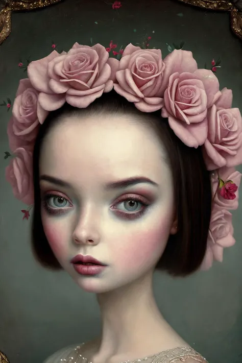 beauty woman portrait, strange fantasy, surrealistic art, artwork, masterpiece, best quality, popsurrealism art, digital painting <lora:Mark_Ryden_ArtStyle_640x960:0.9>