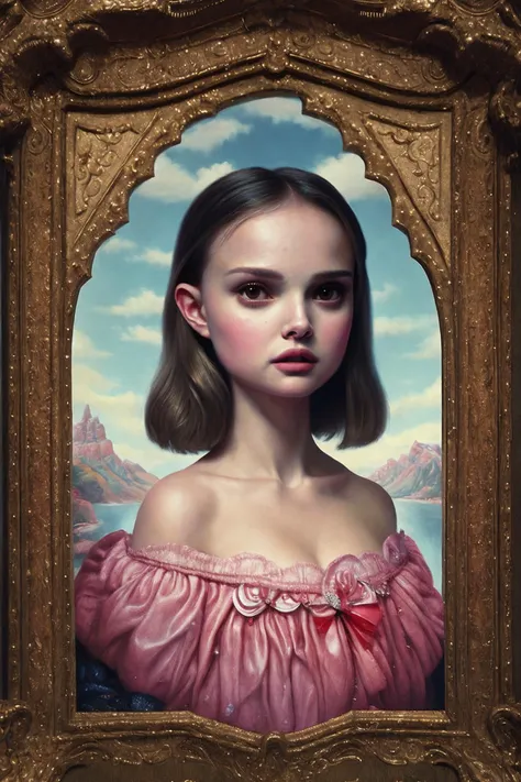 Natalie Portman, strange fantasy, surrealistic art, artwork, masterpiece, best quality, popsurrealism art, digital painting <lora:Mark_Ryden_ArtStyle_640x960:0.9>