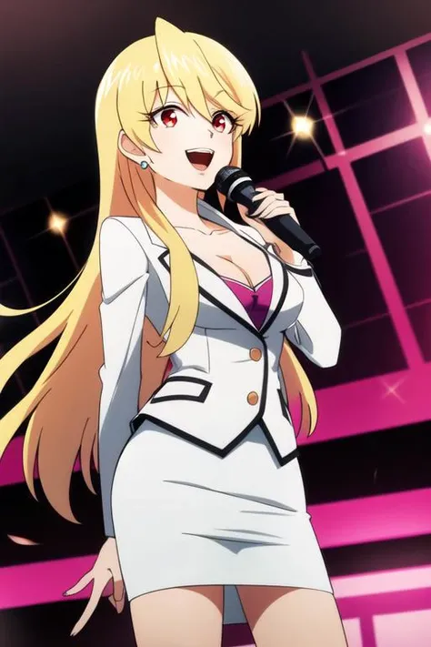 masterpiece, best quality, 1girl, blonde hair, long hair, solo, microphone, red eyes, looking at viewer, skirt, earrings, jewelry, formal, suit, pencil skirt, singing, cleavage, breasts, official style, music, open mouth, smile, <lora:akemiSB:0.7>