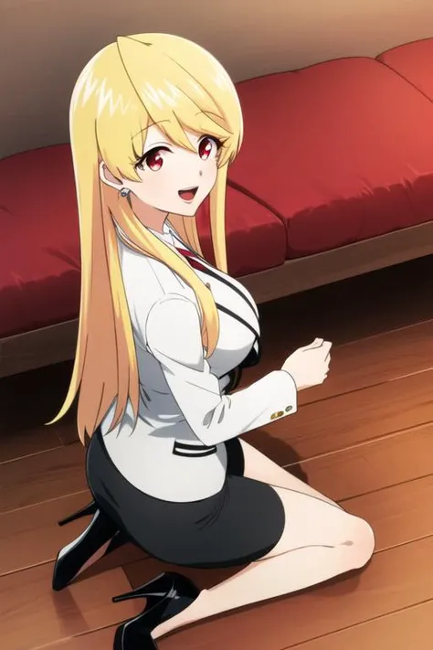 masterpiece, best quality, 1girl, blonde hair, solo, long hair, earrings, red eyes, jewelry, smile, breasts, skirt, formal, open mouth, suit, from above, wooden floor, sitting, wariza, pencil skirt, high heels, <lora:akemiSB:0.7>