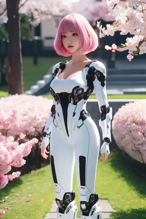 <lora:mecha_girl:0.65>, (mecha girl), best quality, masterpiece, illustration, realistic, photo-realistic, amazing, finely detail, incredibly absurdres, huge filesize, ultra-detailed, highres, extremely detailed CG unity 8k wallpaper, ray tracing, close-up, nsfw, A cute young Korean girl with stylish pink bob cut hair. She has bright pink cybernetic eyes that match her hair. She wears a minimal white bodysuit, showing off her ample cleavage decorated with glowing pink circuit lines. Her arms and legs also have enhancements emanating white and pink light. She stands under cascading cherry blossoms next to a sleek mecha suit built for futuristic combat, radiating white and pink glows. She embodies femininity, style and technological power.