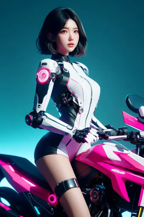 <lora:mecha_girl:0.65>, (mecha girl), best quality, masterpiece, illustration, realistic, photo-realistic, amazing, finely detail, incredibly absurdres, huge filesize, ultra-detailed, highres, extremely detailed CG unity 8k wallpaper, ray tracing, close-up, nsfw, A cute young Korean girl rides a sleek pink heavy motorcycle in a fantasy virtual space. Her stylish pink bob cut hair flows backwards. She has bright pink cybernetic eyes. Her minimalist white bodysuit has an open zipper in the front exposing her entire front torso. Glowing pink circuit lines decorate her bare skin. She leans forward riding the motorcycle, her arms and legs emanating white and pink glows trailing behind. In the distance is a futuristic mecha suit matching her speed through the virtual reality. She embodies femininity, style and technological power.