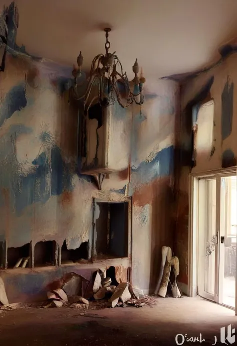 Manbearpig, squatting in a kitchen of an abandoned home, giving the viewer a threatening look, mouth open, fangs exposed,manbearpig, JML2, sink, scenery, indoors, plant, door, tiles, shelf, washing machine, chair, bottle, lamp, mirror, faucet, cabinet, tile floor, laundry, ruined